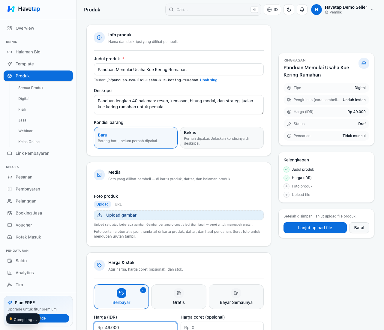 Dashboard Havetap untuk membuat produk event dan e-ticketing